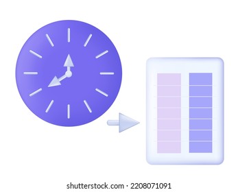 Document time 3d. Clock, direction arrow and business page. Deadline concept, work done, important report submitted, task completed on time. A quiz or exam with a limited hour or minutes. Vector