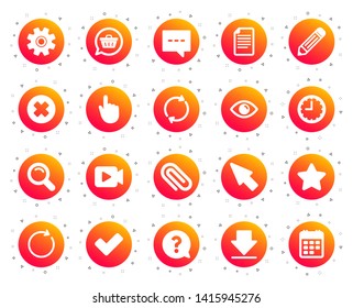 Document, Time and Calendar icons. Question, Chat and Pencil signs. Cogwheel, Download and Attach clip icons. Calendar, Magnifier and Shopping cart. Gradient buttons set. Classic icons. Random shapes