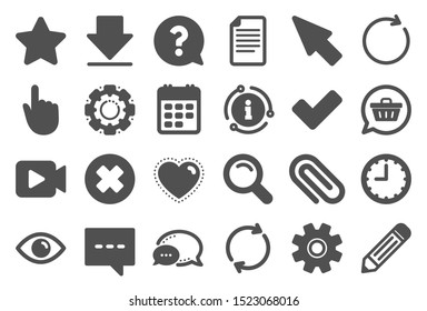 Document, Time and Calendar icons. Question, Chat and Pencil signs. Cogwheel, Download and Attach clip icons. Calendar, Magnifier and Shopping cart. Quality set. Vector