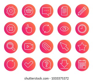 Document, Time and Calendar line icons. Question, Chat and Pencil signs. Cogwheel, Download and Attach clip symbols. Mouse cursor, Magnifier and Shopping cart. Trendy gradient circle buttons. Vector
