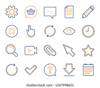 Document, Time, Calendar line icons. Question, Chat and Pencil icons. Cogwheel, Download calendar document, Attach clip. Mouse cursor, Magnifier and Shopping cart. Clock time, question mark. Vector