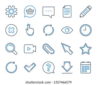 Document, Time, Calendar line icons. Question, Chat and Pencil icons. Cogwheel, Download calendar document, Attach clip. Mouse cursor, Magnifier and Shopping cart. Clock time, question mark. Vector