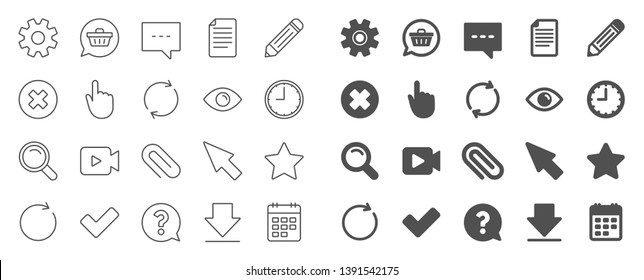 Document, Time, Calendar line icons. Question, Chat and Pencil icons. Cogwheel, Download calendar document, Attach clip. Mouse cursor, Magnifier and Shopping cart. Clock time, question mark. Vector