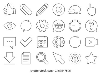 Document, Time, Calendar line icons. Question, Chat and Pencil icons. Cogwheel, Download calendar document, Attach clip. Mouse cursor, Magnifier and Shopping cart. Clock time, question mark. Vector