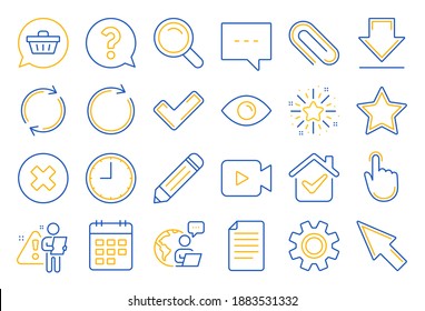Document, Time, Calendar line icons. Question, Chat and Pencil icons. Cogwheel, Download calendar document, Attach clip. Mouse cursor, Magnifier and Shopping cart. Clock time, question mark. Vector