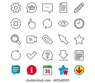 Document, Time and Calendar line icons. Question, Chat and Pencil signs. Cogwheel, Download and Attach clip symbols. Mouse cursor, Magnifier and Shopping cart. Information, Calendar and Download signs