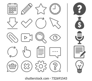 Document, Time and Calendar line icons. Question, Chat and Pencil signs. Cogwheel, Download and Attach clip symbols. Mouse cursor, Magnifier and Shopping cart. Bonus classic signs. Editable stroke