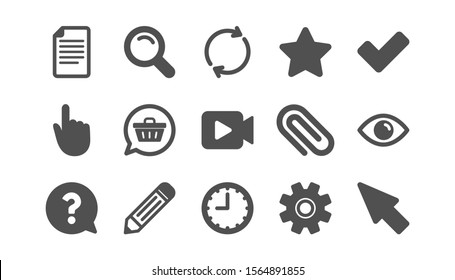Document, Time and Question mark icons. Search, Video camera and Check mark. Classic icon set. Quality set. Vector