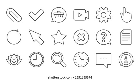 Document, Time and Question mark line icons. Search, Video camera and Check mark. Linear icon set. Quality line set. Vector