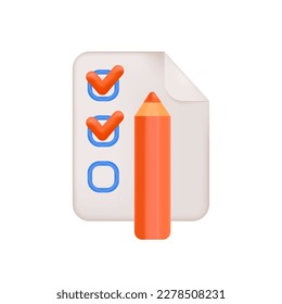 Document with to-do list and red pencil 3D illustration. Drawing of sheet of paper with checkboxes and checkmarks in 3D style on white background. Organization, business, time management concept