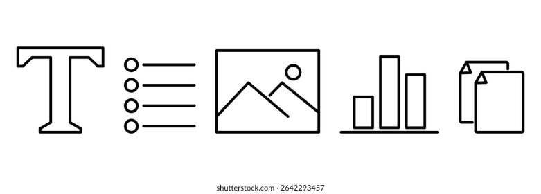Document tools icon set with text image chart list file symbol line style vector illustration for web interface design.