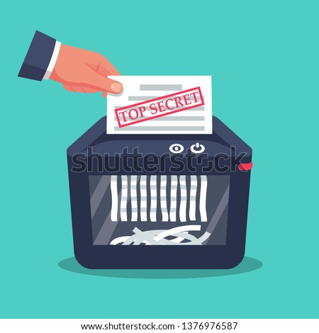 Document top secret in hand for destruction. Shredder machine. Paper shredder. Cartoon style. Vector illustration flat design. Isolated on background. Information protection.