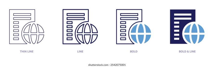 Icono de traducción de documentos en 4 estilos diferentes. Línea delgada, línea, negrita y línea negrita. Estilo duotono. Trazo editable.