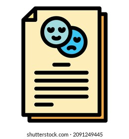 Document and two smiles icon. Outline document and two smiles vector icon color flat isolated