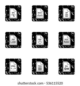 Document types icons set. Grunge illustration of 9 document types vector icons for web