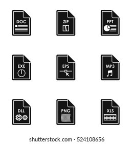 Document types icons set. Simple illustration of 9 document types vector icons for web