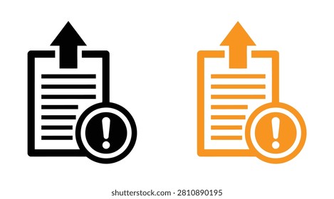 Document uparrow error icon set with document interface application business management technical information computing development navigation. Warning icons for document upload or file alert. 