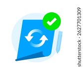 Document update success icon. illustration of paper sheet, circular arrow and check mark. successful data change, update complete, or modification confirmed. Perfect for UI and system notification