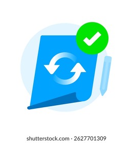 Ícone de êxito da atualização do documento. ilustração de folha de papel, seta circular e marca de seleção. alteração de dados bem-sucedida, atualização concluída ou modificação confirmada. Perfeito para UI e notificação do sistema