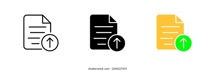 Documento con el icono de la línea del botón de carga. Flecha arriba, almacenamiento remoto, servidor, nube, sitio web, en línea, control, documentación, digital. Icono de vector en línea, estilo negro y colorido sobre fondo blanco