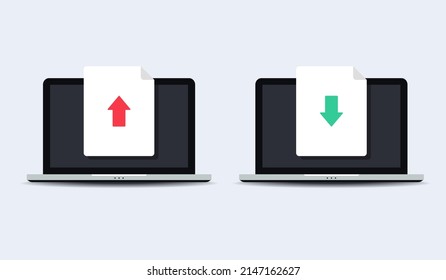 Document upload download on laptop screen. Vector illustration