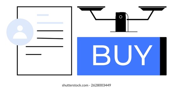Document with a user icon juxtaposed against a large blue BUY button on a scale, symbolizing balance. Ideal for e-commerce, decisions, investment, comparison, weighing options, shopping, and business