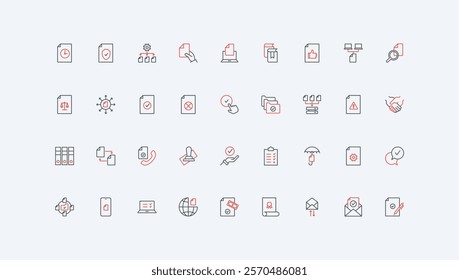 Document validation, certificate guarantee and agreement approve, confirm line icon set. Checklist on clipboard, correct choice and OK stamp thin black and red outline symbols vector illustration