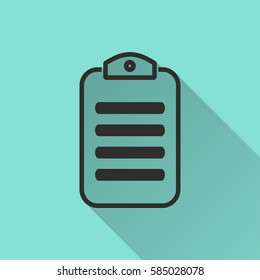 Document vector icon with long shadow. Black illustration isolated on green background for graphic and web design.