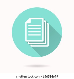 Document vector icon with long shadow. White illustration for graphic and web design. Circle buttons.