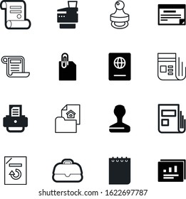 document vector icon set such as: portfolio, copybook, accessory, device, pass, entertainment, printout, identity, element, lock, baggage, mortgage, stock, chart, planning, mirror, global, equipment