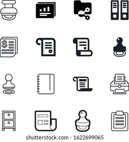 document vector icon set such as: progress, conclusion, price, container, form, box, share, analysis, article, account, copybook, printer, press, notepad, drop, authority, stock, logistic, library