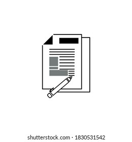 Document vector icon. A sheet of black lined paper and a pen. Writing and filling in data. Isolated illustration for graphic and web design.