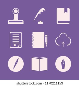document vector icons set. with fountain pen, paper clip, notebook pencil and open book in set