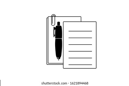 Document vector with a white background. This document vector was created in black and white. Besides the document vector, there is also a pen logo. This pen logo becomes a unity in the document icon