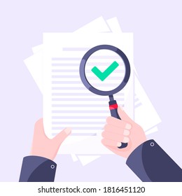 Document verification concept with hand and magnifier, paper sheets and green check mark tick on it. Success verification business concept flat style design vector illustration.