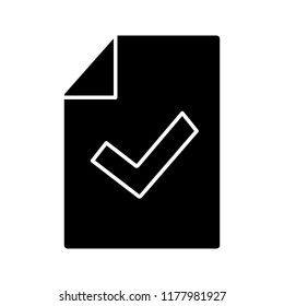 Document verification glyph icon. Test or exam successfully completed. Silhouette symbol. Paper sheet with check mark. Approved. Negative space. Vector isolated illustration