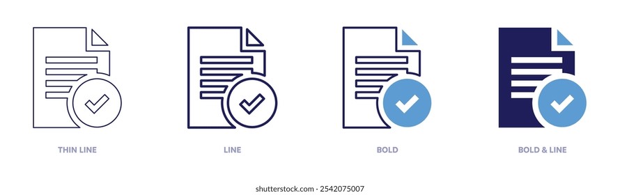 Icono de verificación de documentos en 4 estilos diferentes. Línea delgada, línea, negrita y línea negrita. Estilo duotono. Trazo editable.