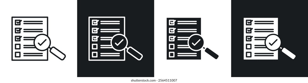 Document verification icons collection in black filled and line style.