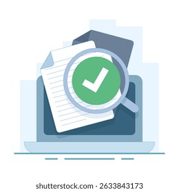 Document Verification Implementation Concept. identificação ou consulta de trabalho em negócios. avaliação de inspeção de documentos, Documento com Lupa e Marca de Verificação. ilustração de design plano.