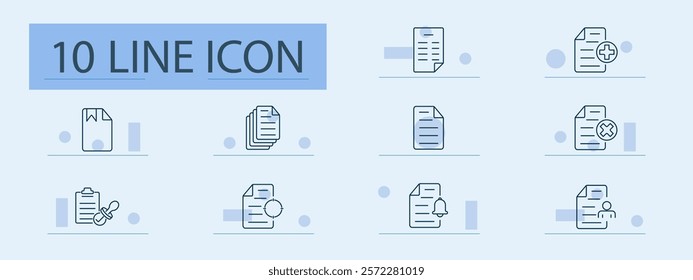 Document verification set icon. Paper, approval, cross, checkmark, alert, magnifier, editing, person, completion, security