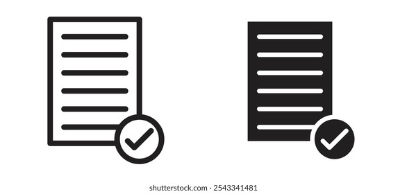 Ícone de vetor de verificação de documento define o estilo com preenchimento e contorno em preto.