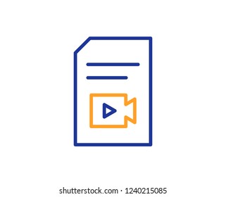 Document with Video content line icon. Vlog File with Camera sign. Paper page concept symbol. Colorful outline concept. Blue and orange thin line color icon. Video file Vector