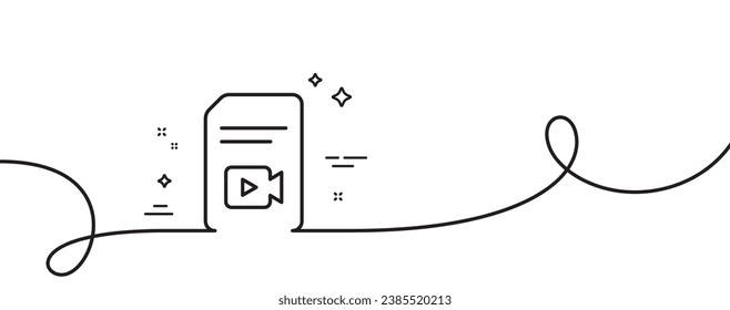 Document with Video content line icon. Continuous one line with curl. Vlog File with Camera sign. Paper page concept symbol. Video file single outline ribbon. Loop curve pattern. Vector
