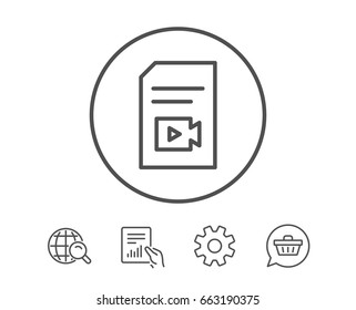 Document with Video content line icon. Vlog File with Camera sign. Paper page concept symbol. Hold Report, Service and Global search line signs. Shopping cart icon. Editable stroke. Vector