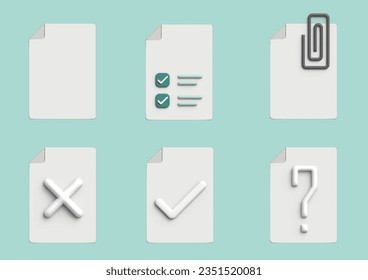 Iconos web de documentos con estilo 3d. Portapapeles, certificado, aceptar, aprobado, factura, archivo, colección. Ilustración vectorial 3d.
