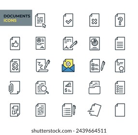 Iconos web del documento en estilo de línea. Certificado, portapapeles, archivo, aprobado, factura, colección. Ilustración vectorial. Imágenes producidas sin el uso de ninguna forma de IA. software