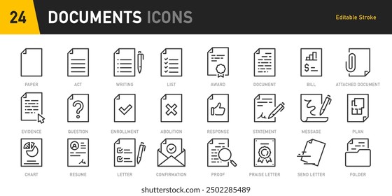 Iconos web de documentos en estilo de línea. Portapapeles, certificado, aceptar, aprobado, Factura, Archivar, colección. Ilustración vectorial.documento, Portapapeles, texto, cuaderno, libro de texto, factura, papel de notas, lectura, f