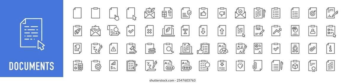 Ícones da Web do documento no estilo de linha. Área de transferência, certificado, aceitar, aprovado, fatura, arquivo, coleção. Ilustração vetorial.