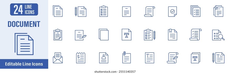 Ícones da Web do documento no estilo de linha. Documentos, atribuições de trabalho, relatórios, contratos, arquivos, cartas, área de transferência, atribuições, papéis, certificados e muito mais. Ilustração vetorial.