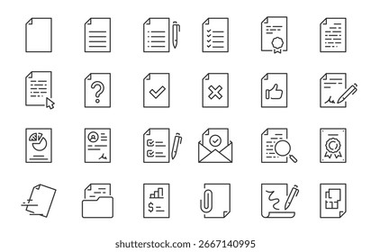 Iconos web de documentos en estilo de línea. Portapapeles, certificado, aceptar, aprobado, Factura, Archivar, colección. Ilustración vectorial.